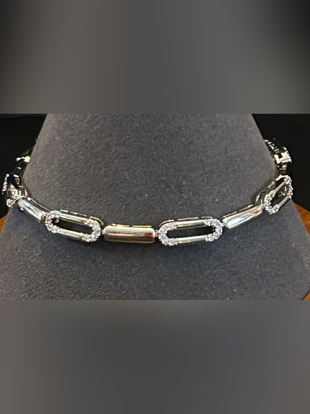 Crystal-Outlined Silver Link Bracelet - 7.75 Inches Long